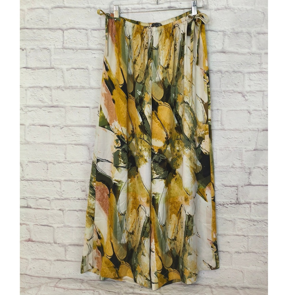 Adrianna Papell Womens Abstract Floral Wide Leg Palazzo Pants Yellow Green Small